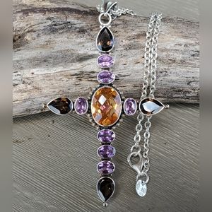 NICKY BUTLER NB 925 Sterling Silver Amethyst Smoky Quartz Cross Pendant Necklace